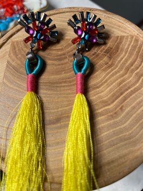 Colorful Tassel Drop Earrings - Yellow Tassel, Teal & Pink Accents